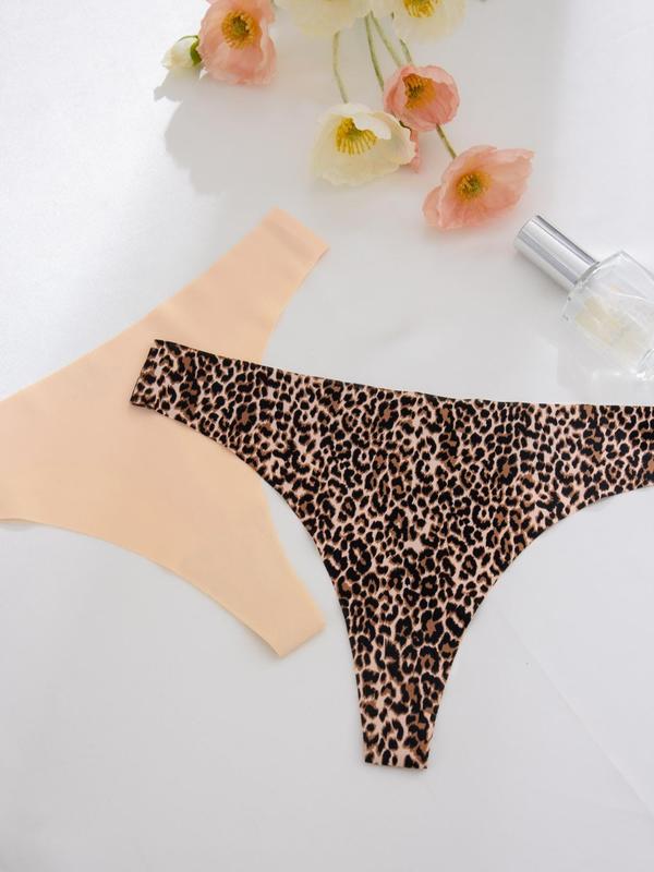 Women's Solid Color & Leopard Print Seamless Thong, Soft Comfy Breathable Drop Waist Seamless Panties for Daily Wear, Women's Underwear for All Seasons