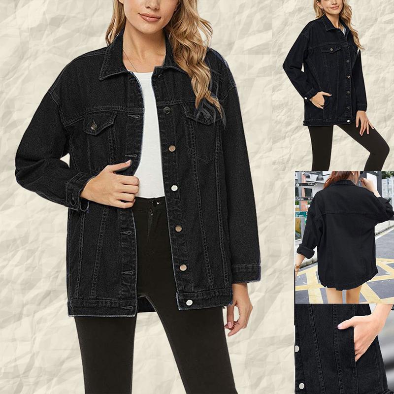 SCUSTY Womens Loose Oversized Denim Jacket Long Sleeved Button Jean Jacket Coat Tops