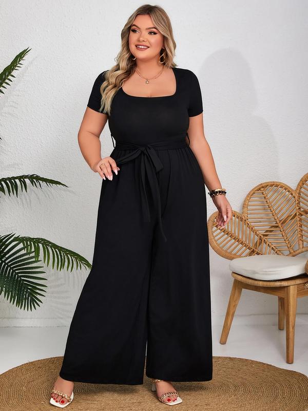  Plus Size Solid Wide Leg Jumpsuit, Elegant Square Neck Belted Jumpsuit for Daily Outdoor Wear, Women Plus Clothing for All Seasons