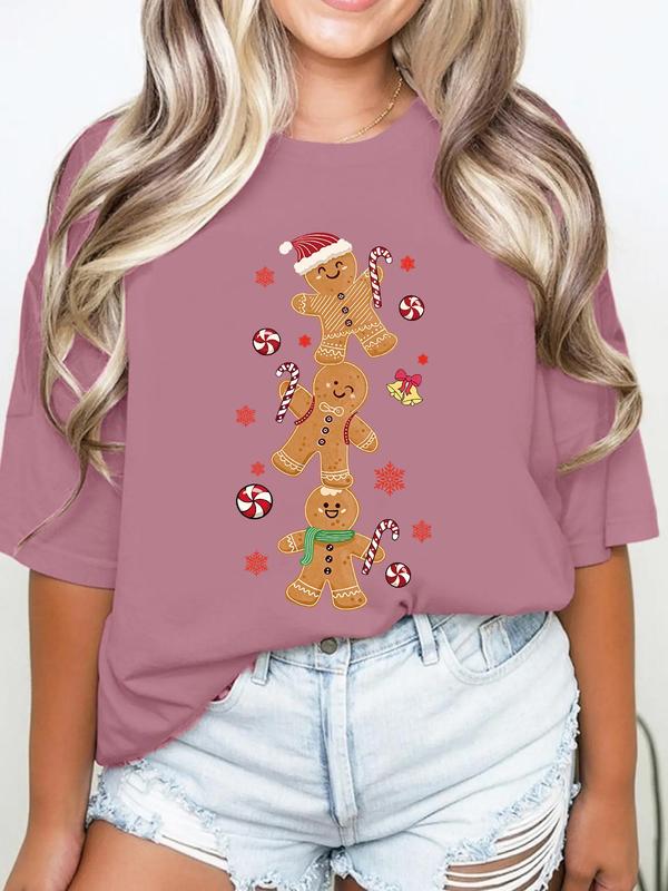 Women's Christmas Gingerbread Man Print Round Neck Tee, Casual Short Sleeve Drop Shoulder T-shirt for All Seasons, Fashion Women's Top for Daily Wear