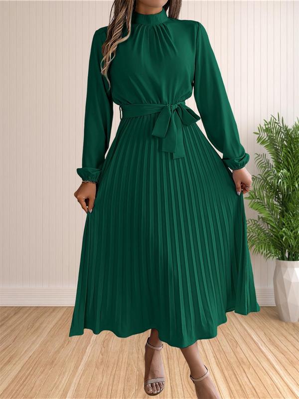 Women's Solid Belted Pleated A Line Dress, Elegant Bishop Sleeve Mock Neck Dress for Fall, Fall Outfits, Women's Basic Fall Clothing for Daily Wear, Tummy Hiding Dresses