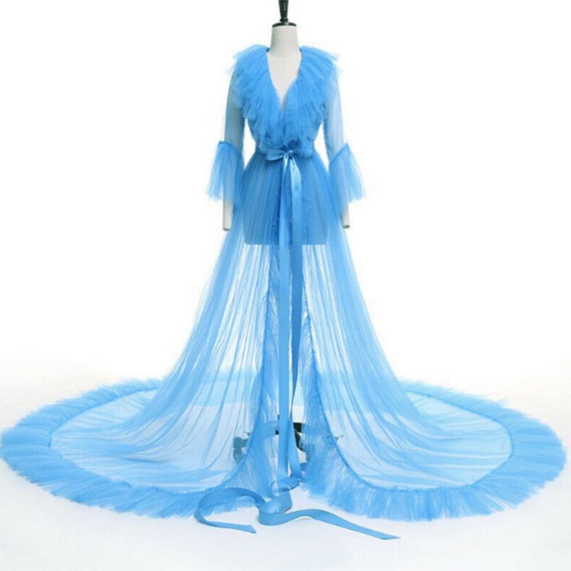 Women Kimono Dress Sheer Tulle V-Neck Long Flare Sleeves Floor-Length Night-Robe Lingerie ball  gown pj day