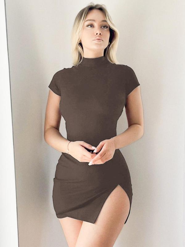 Women's Plain Mock Neck Cut Out Tie Back Split Thigh Bodycon Dress, Summer Clothes Women, Summer Dresses 2024, Casual Short Sleeve Mini Dress, Women's Summer Clothes for Party Nightclub, Womenswear Dresses for Women