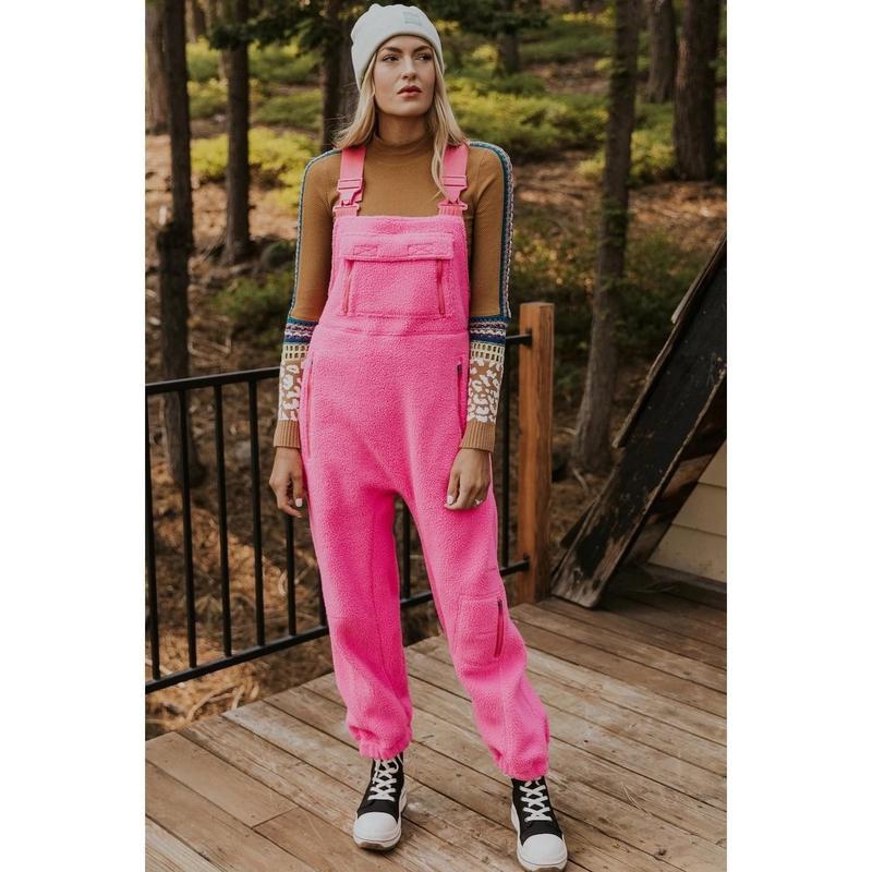 Women's Fleece Warm Overalls Winter Loose Casual Jumpsuits with Pockets Comfy Womenswear