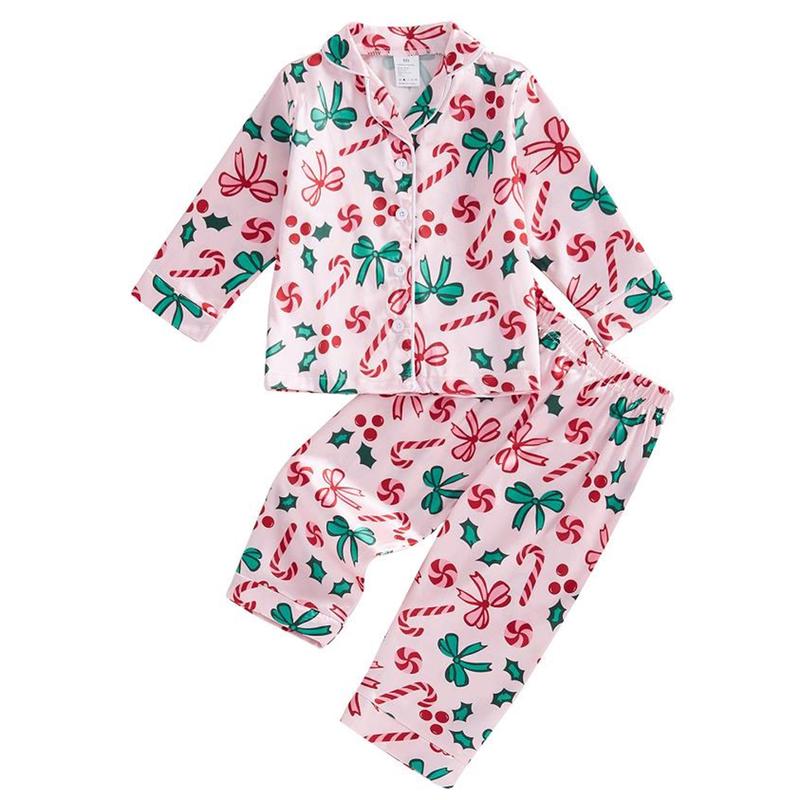 Mommy and Me Matching Pajamas Bow Candy Cane Print Button Down Long Sleeve Tops and Pants Set Christmas Sleepwear Womenswear Check family christmas pajamas