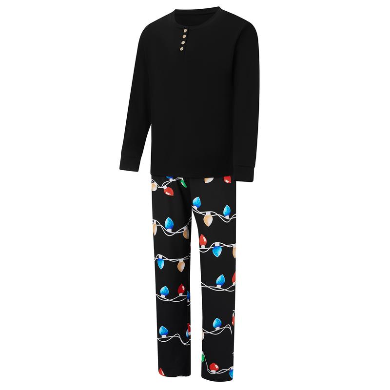 Black Christmas Pajamas For Family Family Matching Christmas Pajama Set String Light Print Long Sleeve Tops Elastic Waist Long Pants