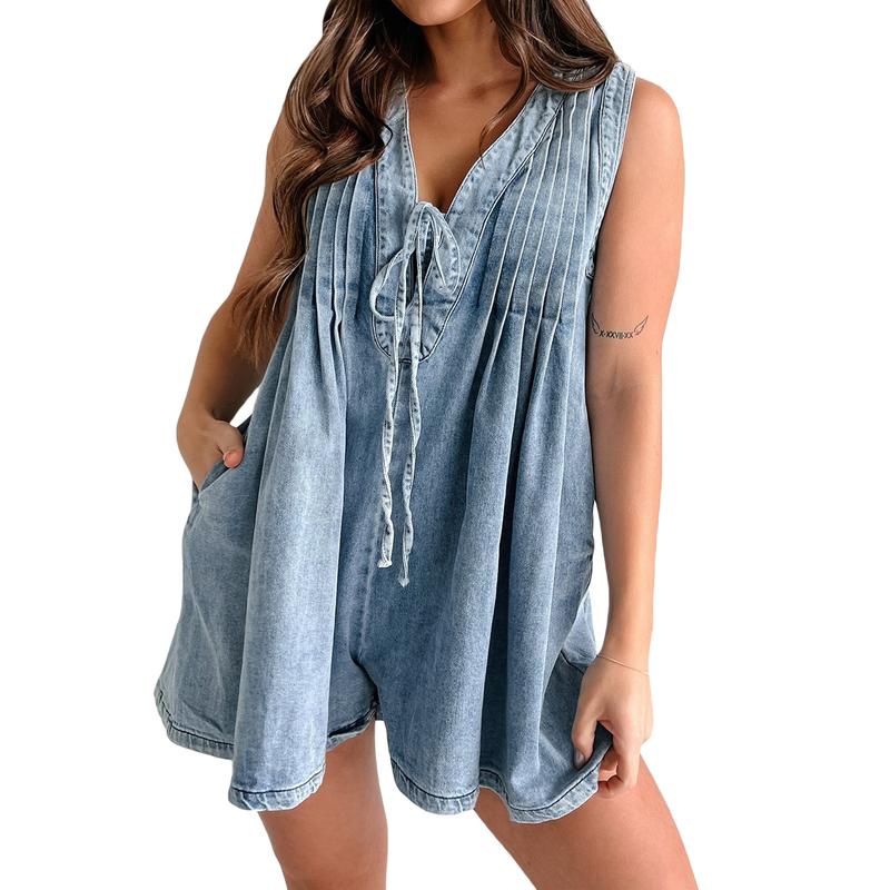 Womens Casual Sleeveless Tie Front Denim Romper Dress Overall Shorts Summer Jean Romper With Pocket