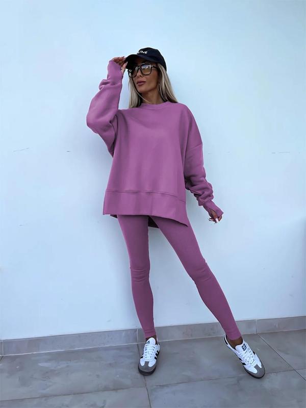 Two-piece Set Women's Solid Drop Shoulder Split Hem Sweatshirt & Leggings, Casual Fashion Cozy Round Neck Long Sleeve Pullover & Trousers for Daily Outdoor Wear,  2 Piece Sets Women, Women's Clothing for Spring & Fall, Sweatsuit Set Outfit