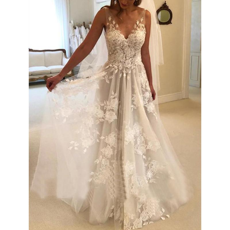 Double-shoulder Deep V-neck Slim-fit Lace Wrapped Shoulder Tail Wedding Dress