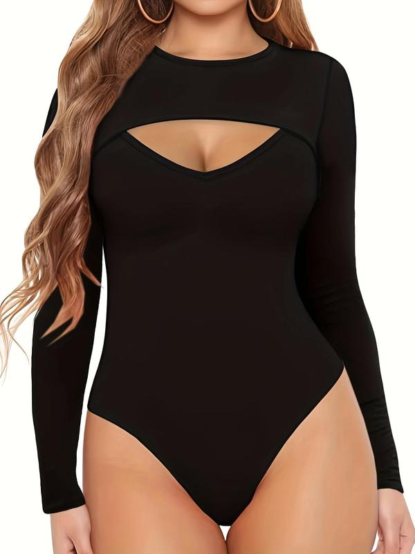 Women's Cut Out Round Neck Bodysuit, Solid Long Sleeve Bodycon Bodysuit for Daily Outdoor Wear, Women's Clothes for Spring & Fall