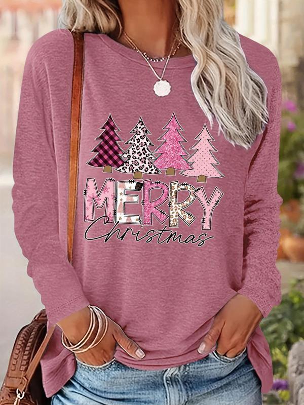 Women's Christmas Trees & Letter Print Drop Shoulder Tee, Casual Long Sleeve Round Neck Tops for Daily Wear, Womenswear Fall & Winter Clothes