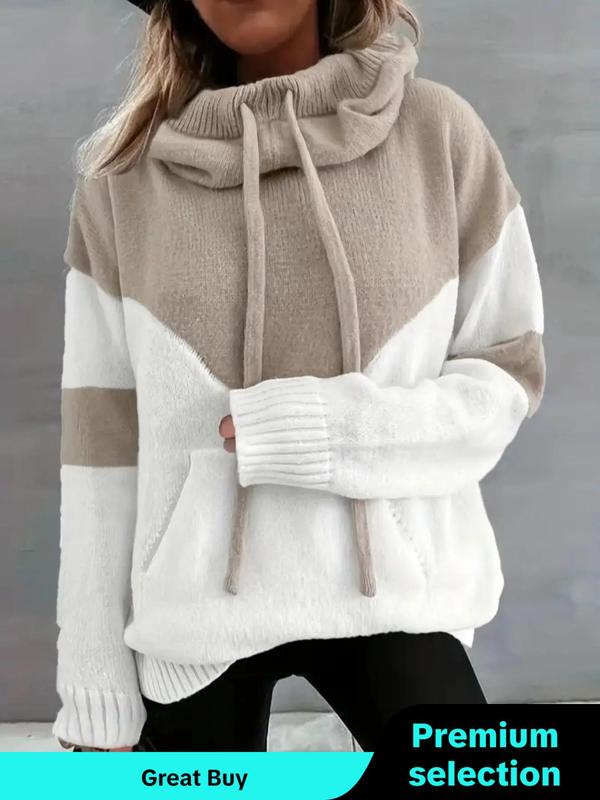 Women's Colorblock Print Drawstring Pocket Hooded Sweater, Casual Drop Shoulder Long Sleeve Jumper for Fall & Winter, Women's Knitwear for Daily Wear