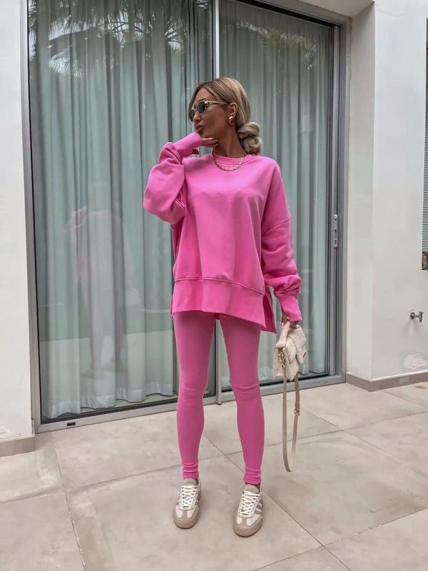 Two-Piece Set Women's Solid Drop Shoulder Split Hem Sweatshirt & Skinny Pants, Casual Fashion Cozy Round Neck Long Sleeve Pullover & High Waist Trousers for Daily Outdoor Wear, Women's Clothing for Fall & Winter