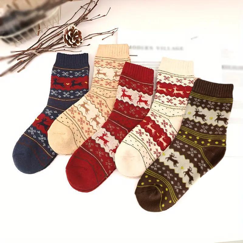 Christmas Reindeer Print Socks, 5 Pairs 10pcs Soft Comfortable Warm Socks, Women's Socks for Fall & Winter, Home Decor & Festive Supplies