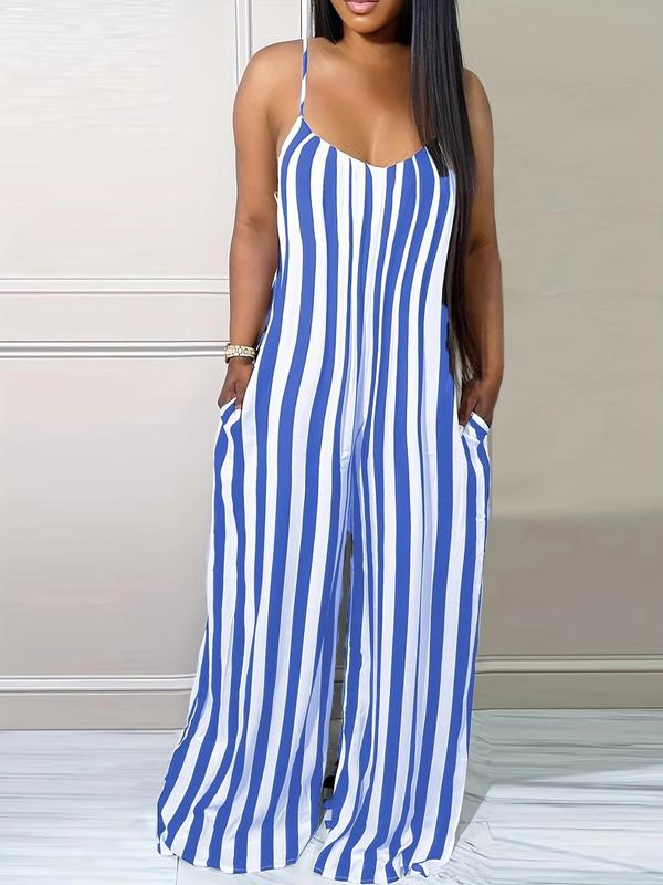 Women's Striped Print Pocket Cami Jumpsuit, Casual Backless Wide Leg Jumpsuit, Ladies Clothes for All Seasons