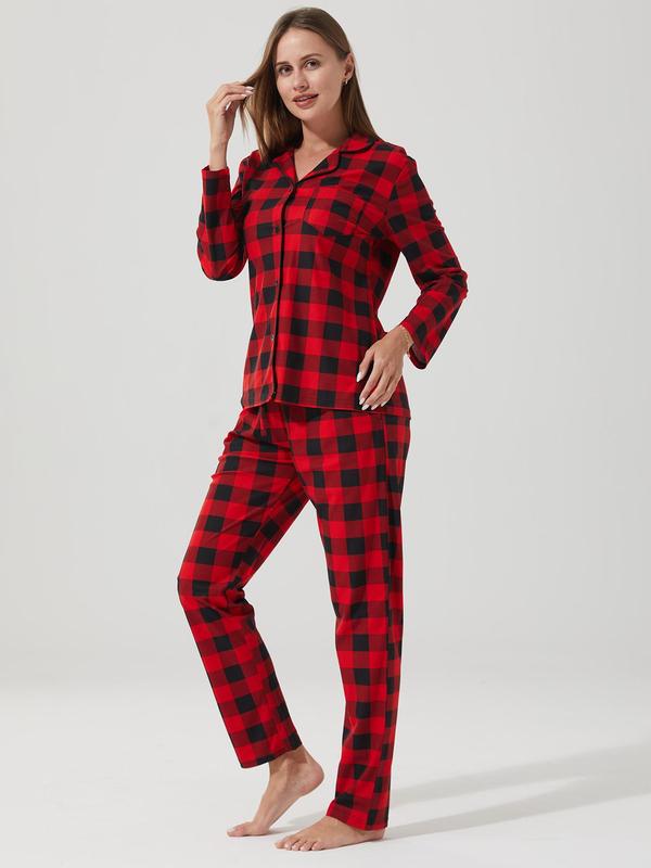 Couple's Plaid Print Button Front Pajama Two-piece Set, Casual Comfy Long Sleeve Pocket Top & Elastic Waist Pants Pj Set, Couple's Sleepwear for Spring & Fall