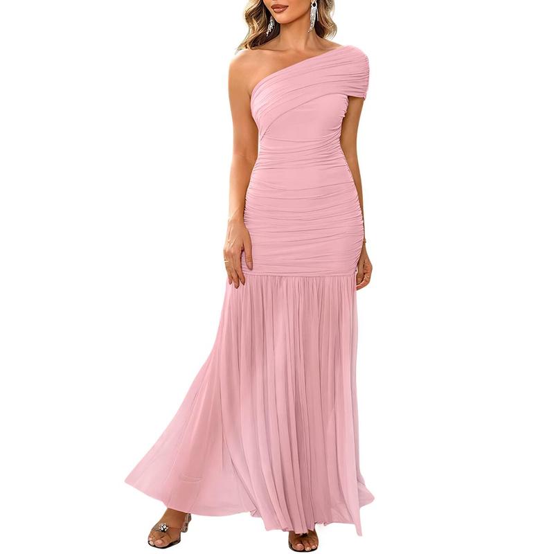 OYS Women's Elegant Formal Long Dress One Shoulder Sleeveless Ruched Bodycon Evening Dress Maxi Womenswear