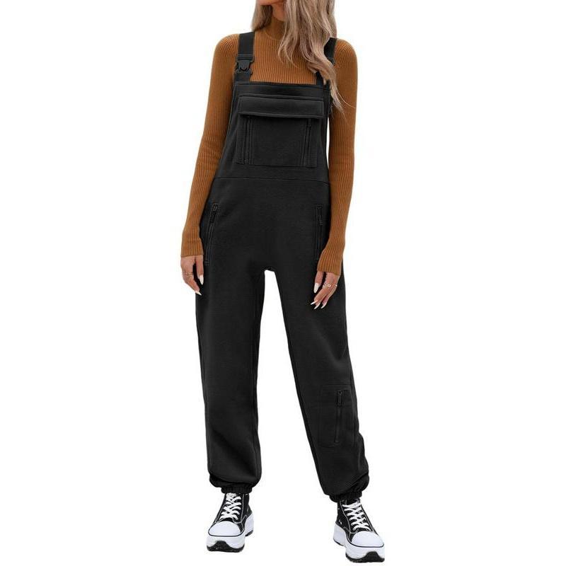 Women's Solid Zipper Pocket Polar Fleece Overall Jumpsuit, Casual Sleeveless Jumpsuit for Fall & Winter, Women's Jumpsuit for Daily Wear Womenswear Comfort Basic Minimalist Strap Strappy