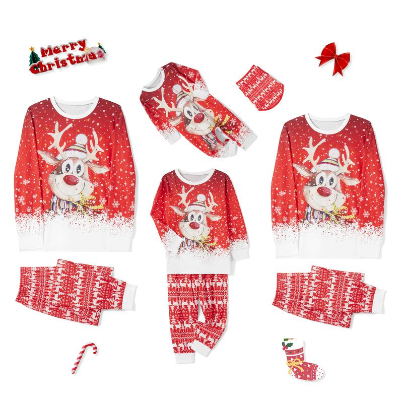 Red Matching Christmas Pajamas For Family, Deer Pattern Long Sleeve Tops and Pants Sleepwear Set