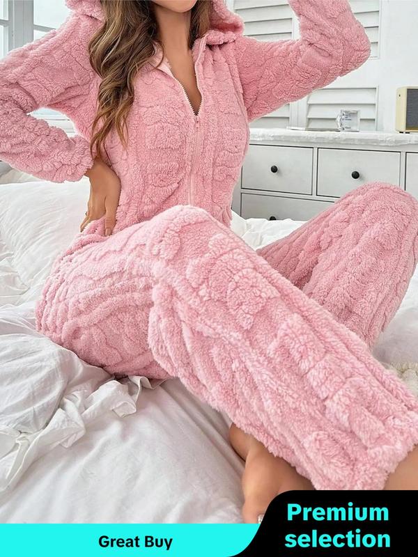 Women's Solid Zip Up Plush Hooded Jumpsuit, Casual Long Sleeve Jumpsuit for Fall & Winter, Christmas Pajamas, Women's Sleepwear for Indoor Wear Onesies Pajama