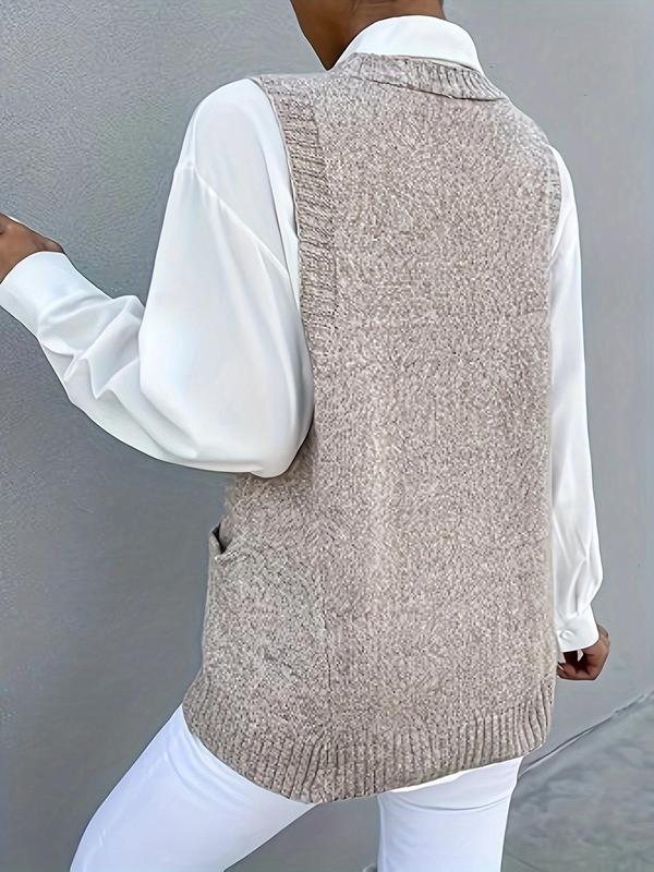 Women's Solid Pocket V Neck Sweater Vest, Casual Sleeveless Jumper Vest for Fall & Winter, Fashion Ladies' Knitwear for Daily Wear