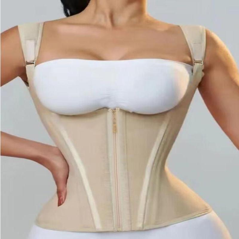 Women's Solid Color Adjustable Hook & Eye Closure Zipper Shapewear Top, Tummy Control Shaper Corset, Ladies Shapewear for All Seasons, Matt Waist Trainers faja post parto shapewear top