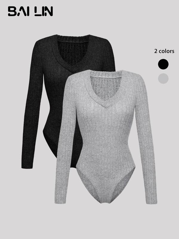 Women's Plain V Neck Long Sleeve Bodysuit, Casual Comfy Bodysuit, Women's Spring & Fall Clothes For Daily Wear