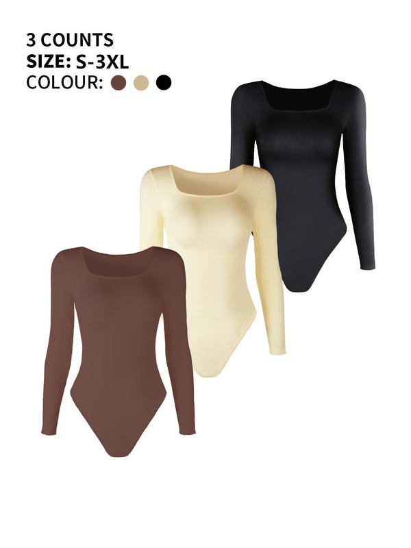 Women's Solid Square Neck Long Sleeve Seamless Shapewear Bodysuit, Button Closure Crotch Tummy Control Butt Lifting Shaper, Ladies Shapewear for All Seasons