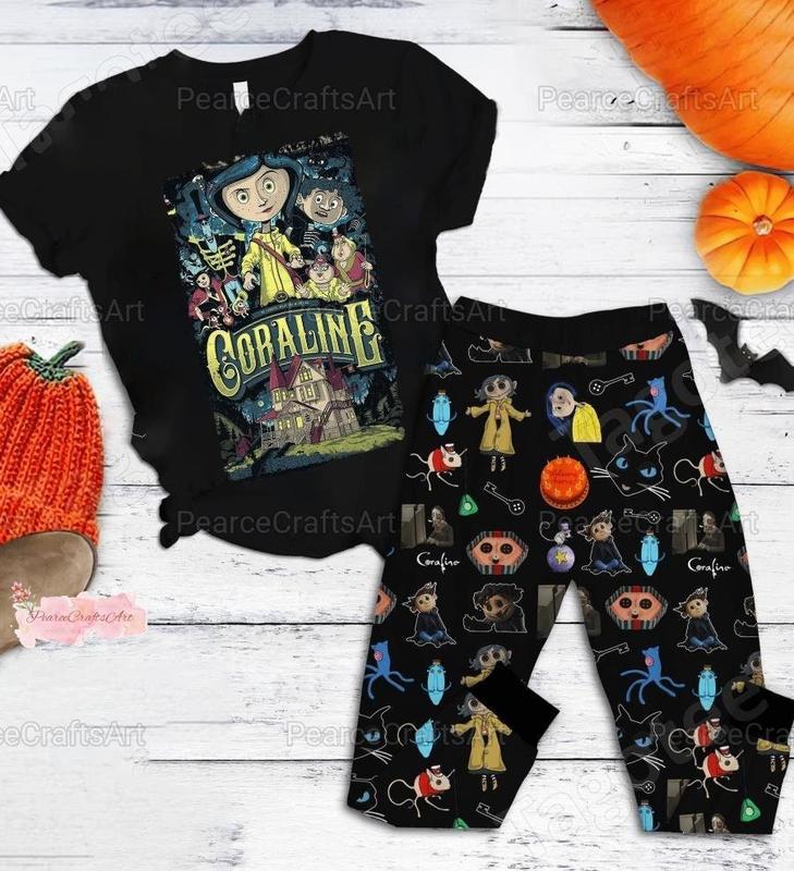 Coraline Doll Pajamas Set, Coraline Movie Shirt, Coraline Movie Pajamas, Coraline Holiday Pajamas, Halloween Horror Movie Shirt, Holiday Pajamas, pajamas, sleepwear, family uniforms, holiday wear, Clothing Casual Comfort Womenswear Sleeve