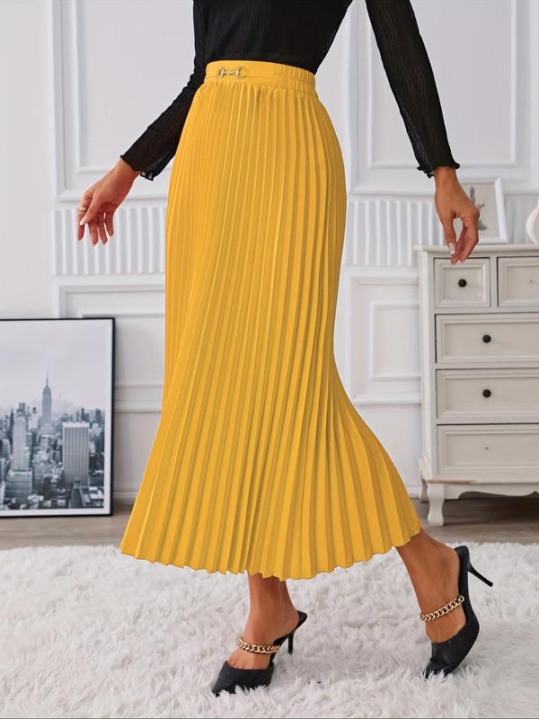 Women's Chain Decor Pleated Skirt, Elegant Solid Color Midi Skirt for Daily Outdoor Wear, Ladies Bottoms for Summer