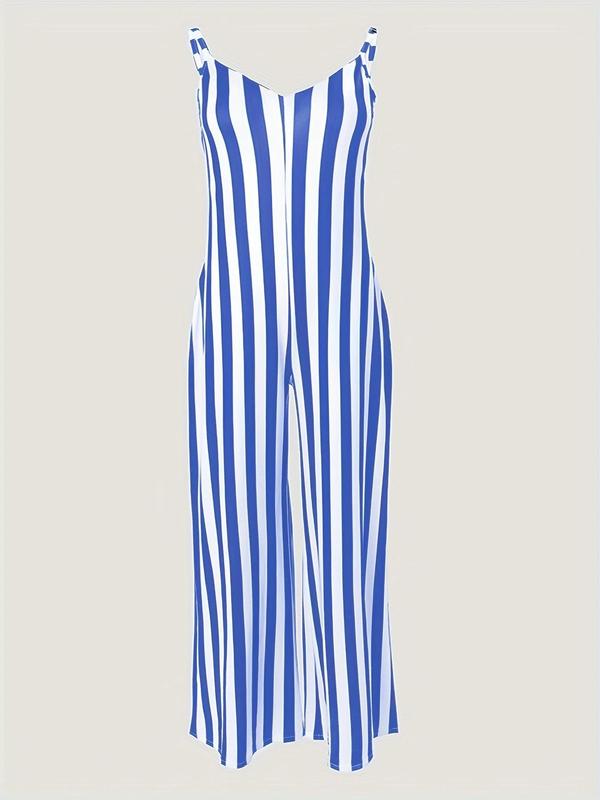 Women's Striped Print Pocket Cami Jumpsuit, Casual Backless Wide Leg Jumpsuit, Ladies Clothes for All Seasons