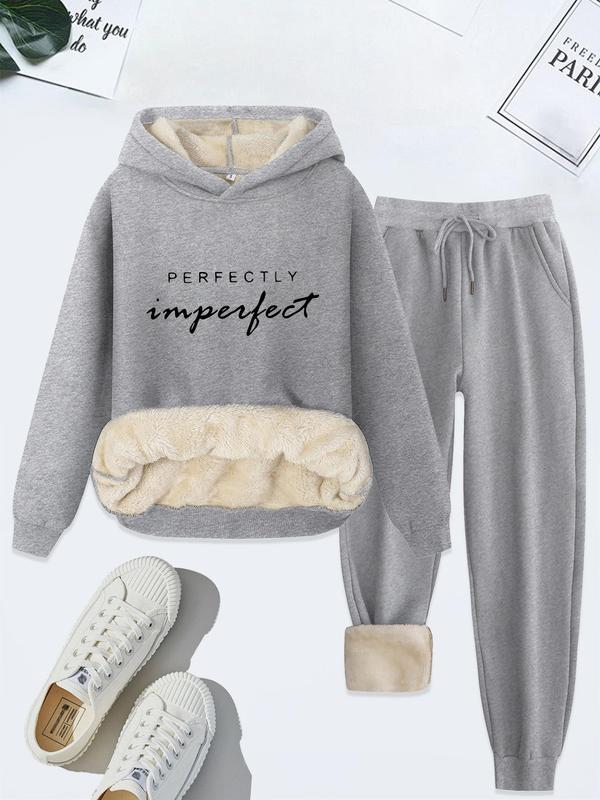 Women's Letter Print Thermal Lined Hoodie & Drawstring Waist Sweatpants Two-piece Set, Casual Long Sleeve Hooded Sweatshirt & Pocket Pants, Women's Fall & Winter Clothes