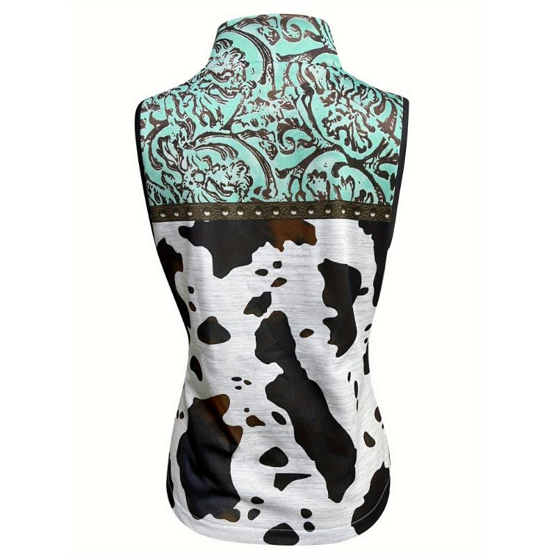 Fashionable Cow Print Zip Up Vest - Stylish Stand Collar, Sleeveless Outerwear with Convenient Pockets - Womens Casual Everyday Wear