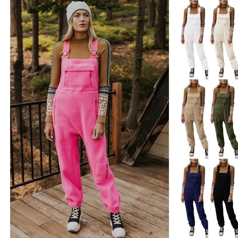 Women's Fleece Warm Overalls Winter Loose Casual Jumpsuits with Pockets Comfy Womenswear