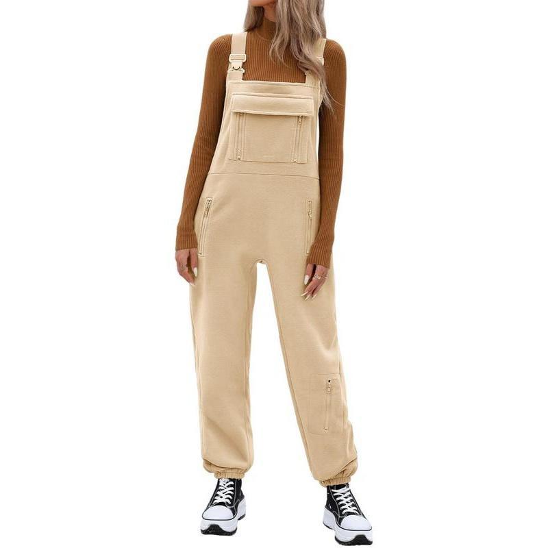 Women's Solid Zipper Pocket Polar Fleece Overall Jumpsuit, Casual Sleeveless Jumpsuit for Fall & Winter, Women's Jumpsuit for Daily Wear Womenswear Comfort Basic Minimalist Strap Strappy