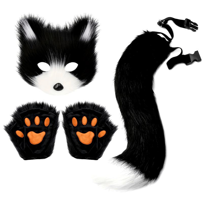 3pcs Fox Cosplay Set: Plush Mask, Gloves & Tail - Perfect for Halloween, Masquerade Parties & Anime Conventions