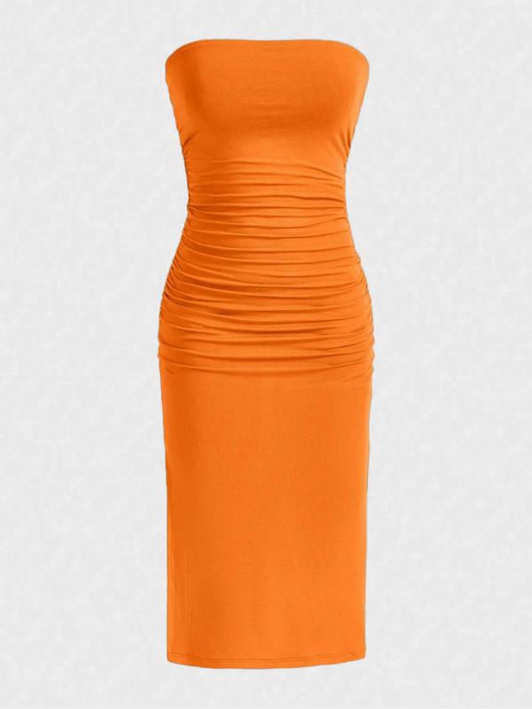 Women's Solid Ruched Split Hem Tube Dress, Dresses for Women, Summer Dresses 2024, Fashion Strapless Bodycon Midi Dress, Ladies Summer Clothes for Holiday Dating Daily Wear, Night Out Outfits, Womenswear