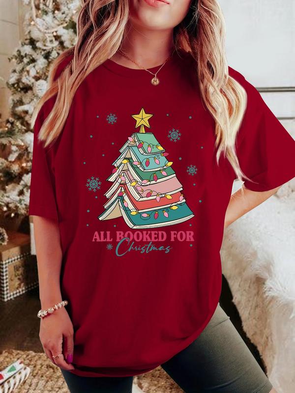 Women's Christmas Gingerbread Man Print Round Neck Tee, Casual Short Sleeve Drop Shoulder T-shirt for All Seasons, Fashion Women's Top for Daily Wear