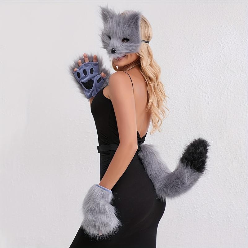 3pcs Fox Cosplay Set: Plush Mask, Gloves & Tail - Perfect for Halloween, Masquerade Parties & Anime Conventions