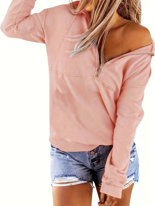 Fall Women's Plain Half Zip Drop Shoulder Sweatshirt, Fall Outfits, Casual Long Sleeve Collared Sweatshirt Hoodie for Fall & Winter, Women's Clothing for Daily Wear Hoodies