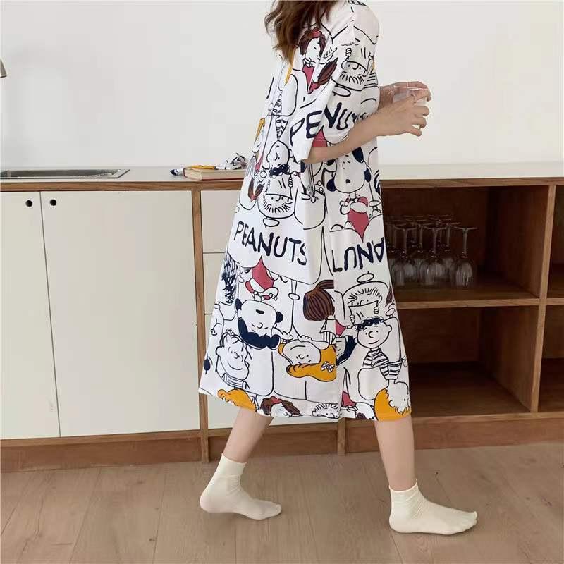 Nightdress Women's Summer Korean-Style Spring and Autumn Student Short-Sleeved Home Wear Cute Cartoon Loose Pregnant Women's Pajamas Women's Summer