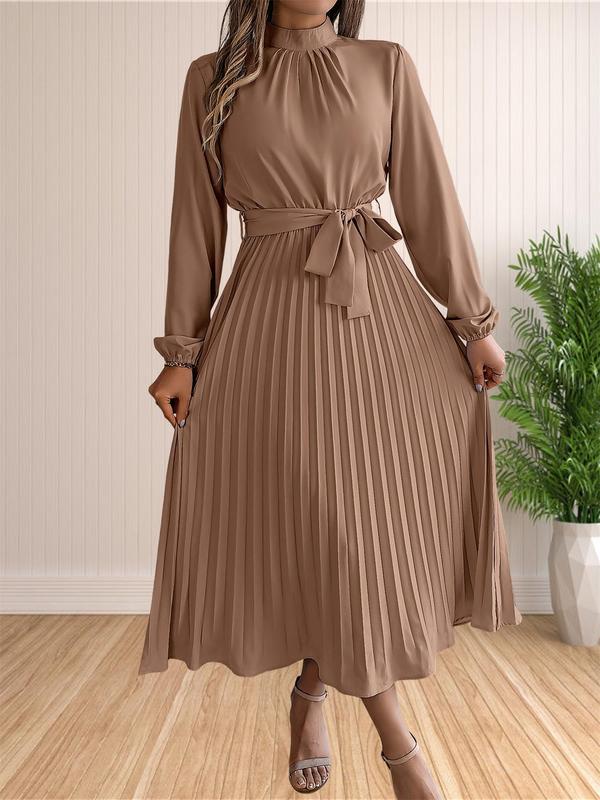 Women's Solid Belted Pleated A Line Dress, Elegant Bishop Sleeve Mock Neck Dress for Fall, Fall Outfits, Women's Basic Fall Clothing for Daily Wear, Tummy Hiding Dresses