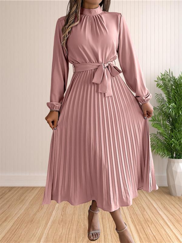 Women's Solid Belted Pleated A Line Dress, Elegant Bishop Sleeve Mock Neck Dress for Fall, Fall Outfits, Women's Basic Fall Clothing for Daily Wear, Tummy Hiding Dresses