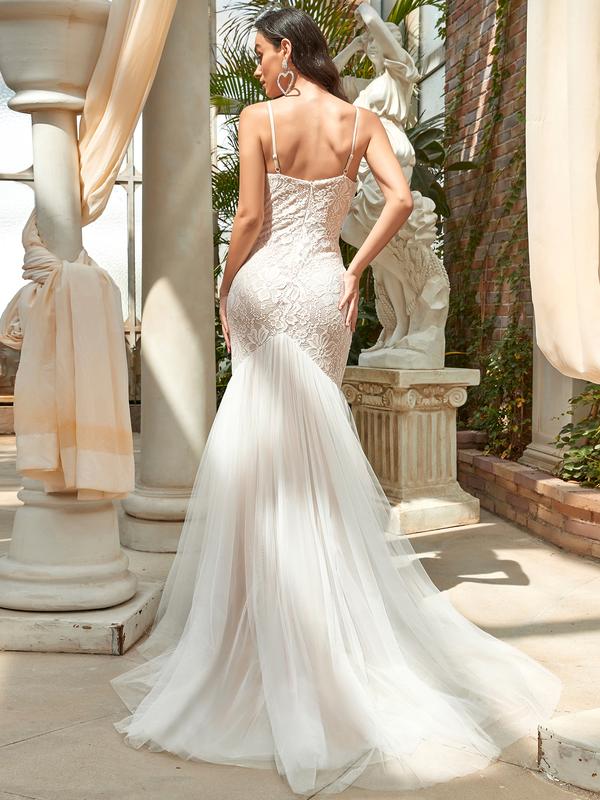 Ever-Pretty Spaghetti Strap Lace Backless Long Fishtail Wedding Dress