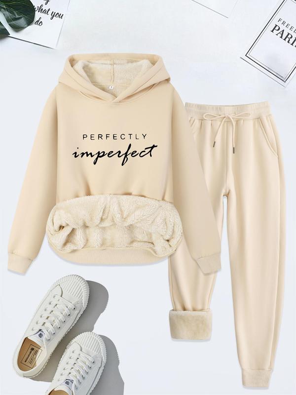 Women's Letter Print Thermal Lined Hoodie & Drawstring Waist Sweatpants Two-piece Set, Casual Long Sleeve Hooded Sweatshirt & Pocket Pants, Women's Fall & Winter Clothes