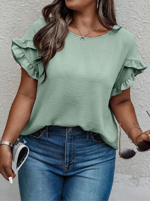 Plus Size Women's Solid Color Minimalist Basic Ruffle Trim Petal Sleeve Crewneck Blouse, Comfort Casual Shortsleeve Round Neck Peplum Top for Lady, Summer Tops 2024