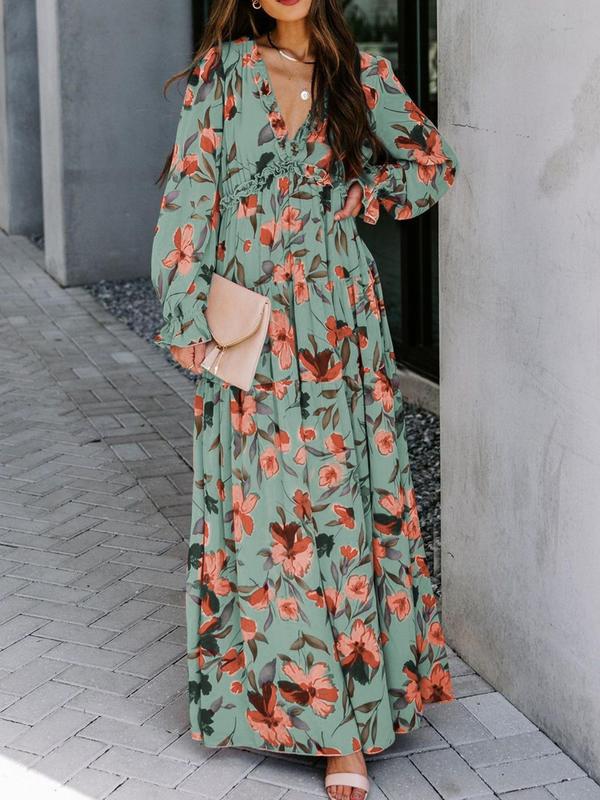 Women's Floral Print Frill Ruffle Hem Flounce Sleeve Chiffon Vintage Dress, Deep V Neck Long Sleeve A Line Maxi Dress, Women's Clothing for Holiday Vacation, Dresses for Women, Summer Clothes, Back To School Party, Birthday Dress, Women's Fall Clothing