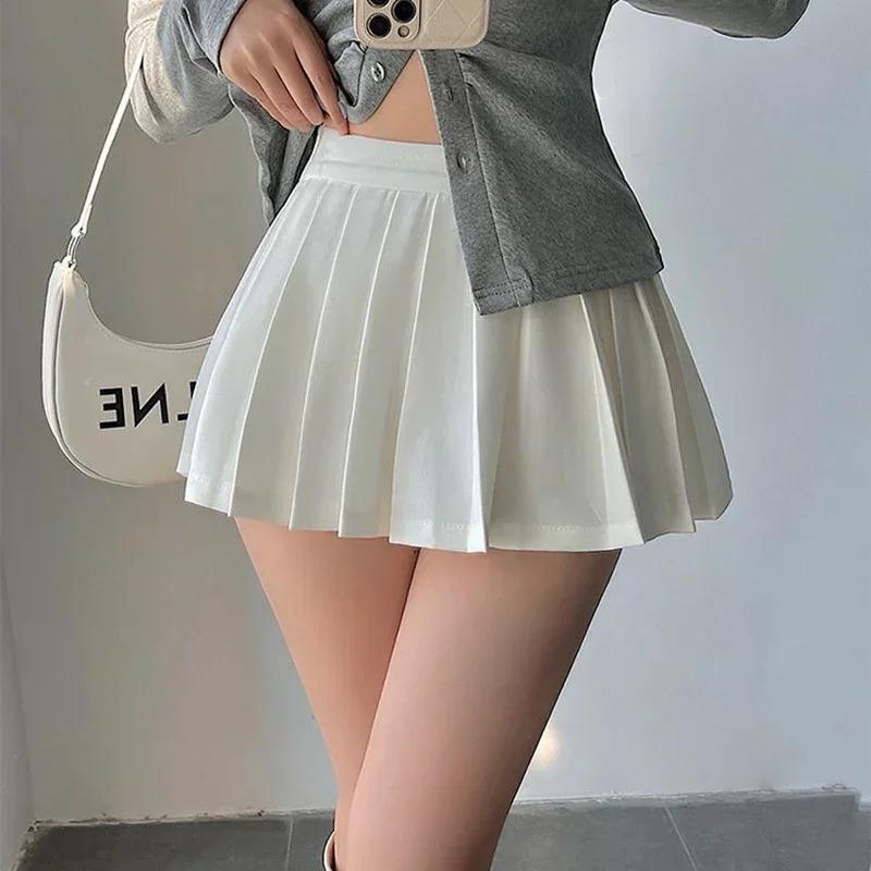 Women Pleated Skirt with Shorts Sexy High Waist Irregular White Black A-line Gyaru Tennis extreme Mini Skirt School 2024 Womenswear Bottom