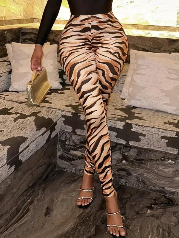 Women's Tiger Print Elastic Waist Leggings, Casual Comfy High Waist Skinny Pants for Daily Wear, Ladies Bottoms for All Seasons