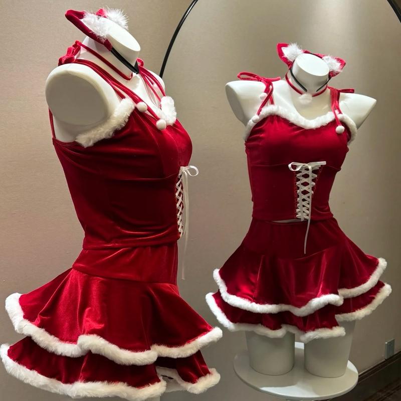 Christmas Kitty Santa Costume Set - Red Velvet Mini Dress with Cat Ear Headband and Hooded Cape - Womenswear Santa Bustier